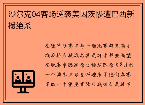 沙尔克04客场逆袭美因茨惨遭巴西新援绝杀